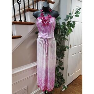 Ash & Sara Women Pink & White Floral Viscose Off the Shoulder Long Maxi Dress S